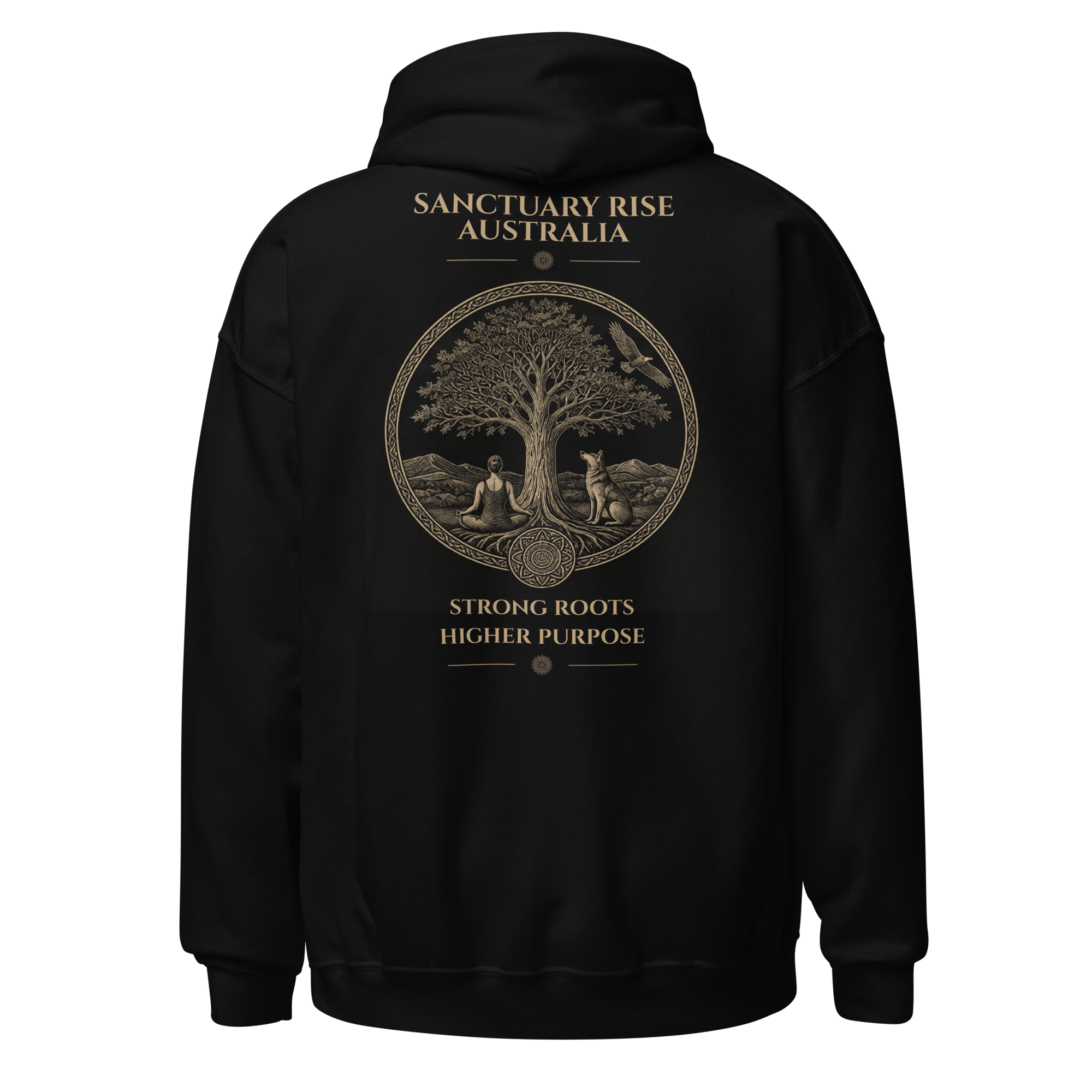 Sanctuary Rise hoodie in black — back artwork
