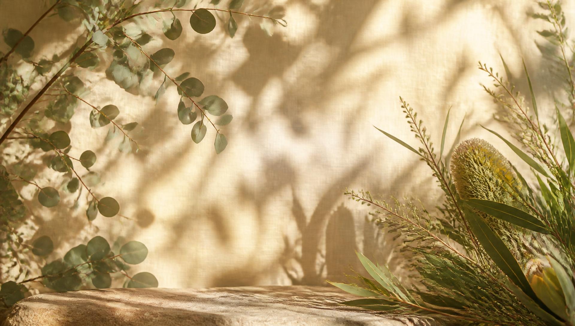 Native Australian eucalyptus and banksia foliage in soft natural light
